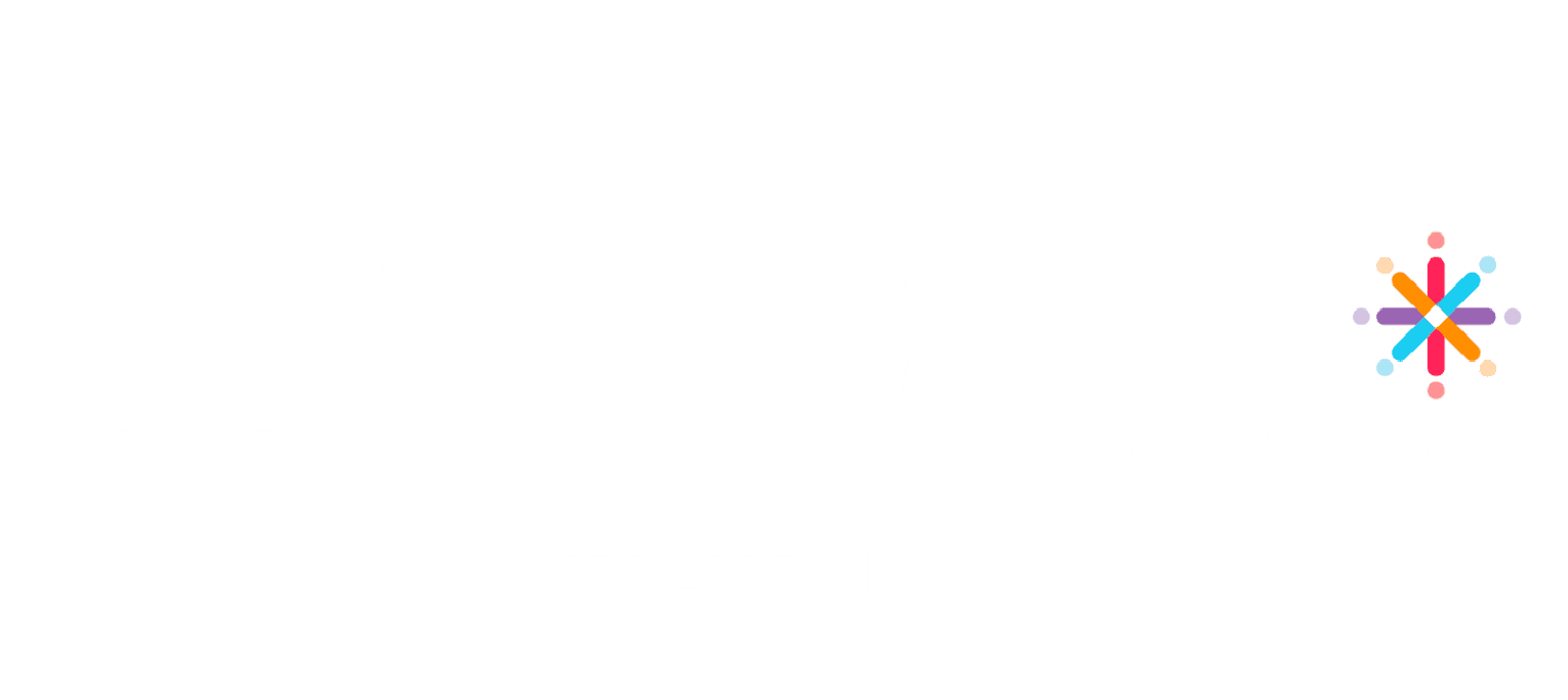This is the Spark Strategic Group logo in white. It has a multi-coloured "spark" image on the right side.