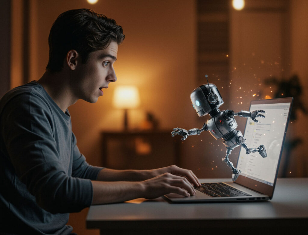An AI generated image from Shutterstock, generated from a prompt about the interaction between human and robot.